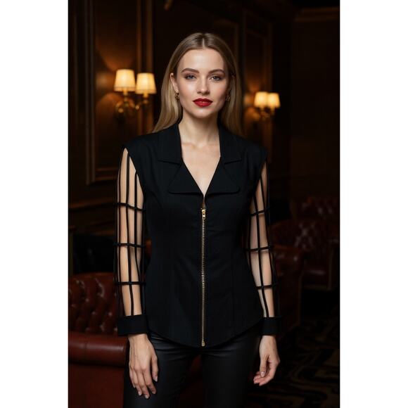 Vintage 80's Moderne Sportswear Black Zip Up Cage Sleeve Blazer Top Sz Small - Picture 1 of 15